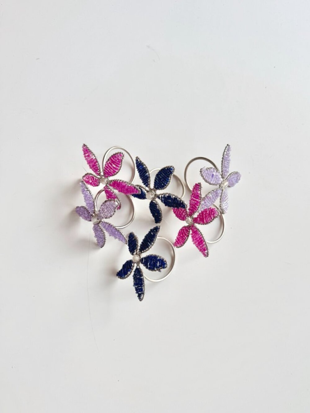 Lot of 6 Vintage Purple Pink Navy Blue Beaded Flower Silver Napkin Rings